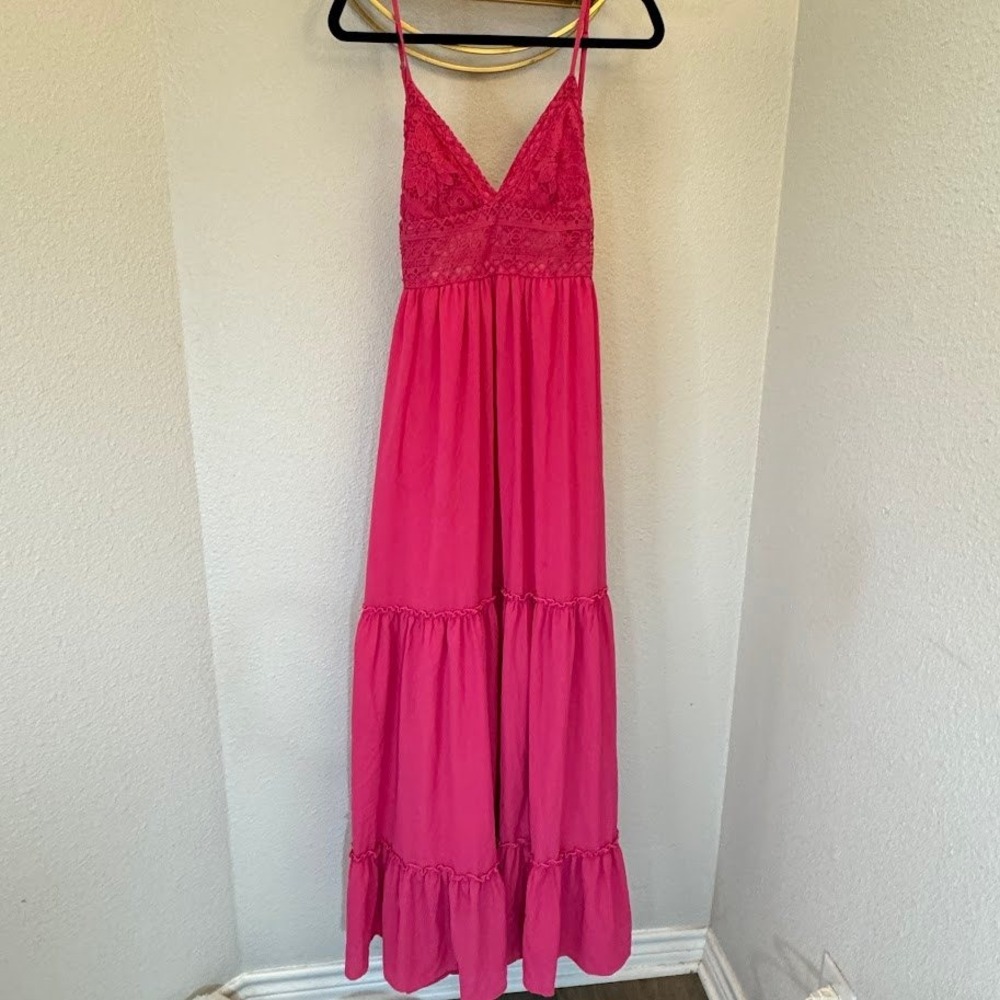 Southern Fried Chics Pink Tiered Maxi Dress Crochet Tie Back Boho Sun Dress